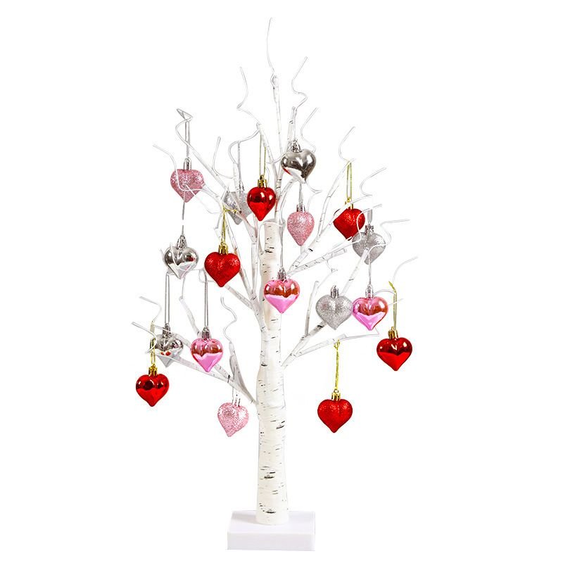 LED Tabletop Birch Tree with 18 Heart Ornaments - Aoeot