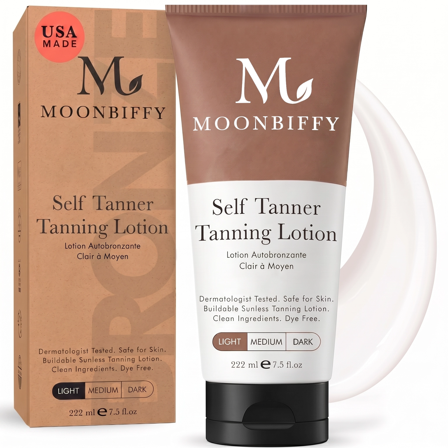 MOONBIFFY Self Tanner - USA Made with Natural & Organic Ingredients, Moisturizing Self Tanning Lotion with Aloe Vera & Coconut for a Natural Glow, Streak-Free Fake Tan, Medium to Dark