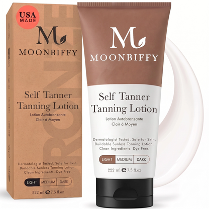 MOONBIFFY Self Tanner - USA Made with Natural & Organic Ingredients, Moisturizing Self Tanning Lotion with Aloe Vera & Coconut for a Natural Glow, Streak-Free Fake Tan, Medium to Dark