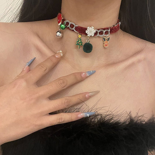 Christmas Tree Bell Snowflake Elk Stitching Neckband Necklace - Aoeot