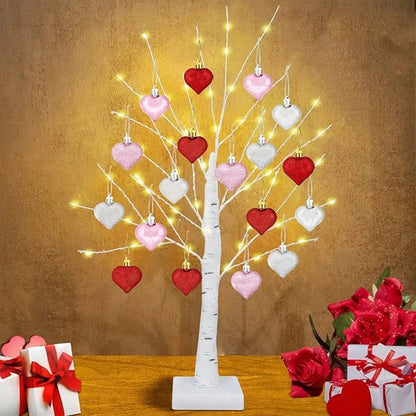 LED Tabletop Birch Tree with 18 Heart Ornaments - Aoeot