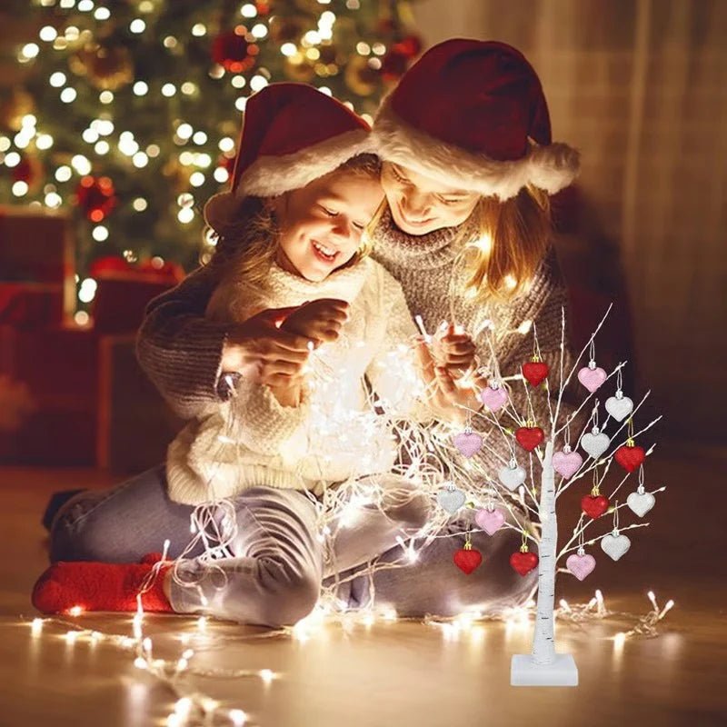 LED Tabletop Birch Tree with 18 Heart Ornaments - Aoeot