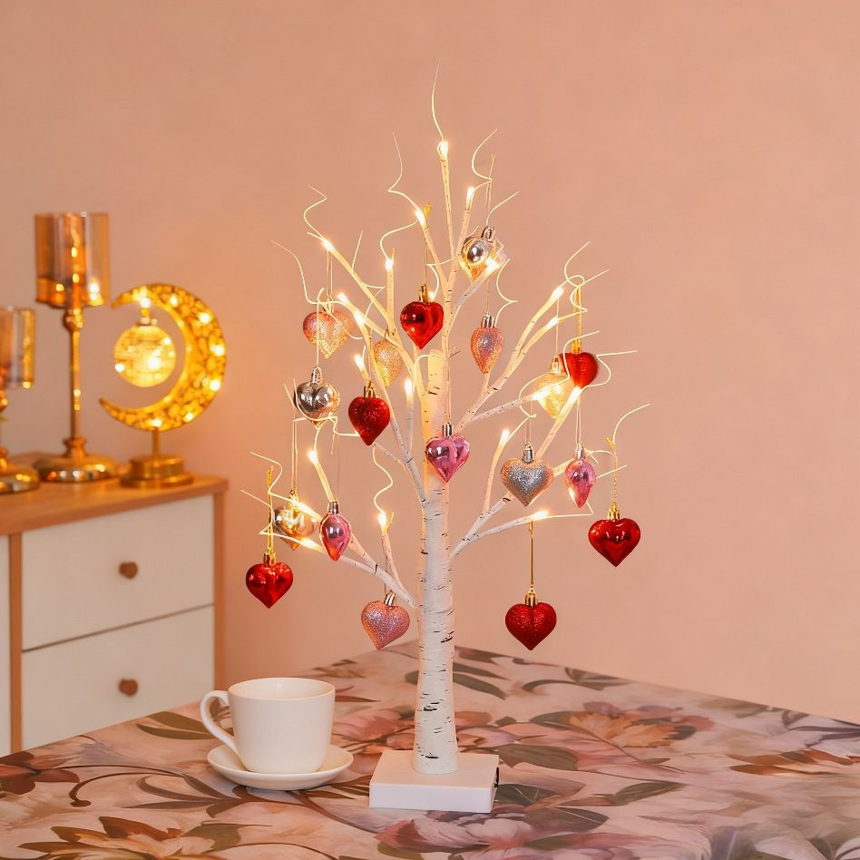 LED Tabletop Birch Tree with 18 Heart Ornaments - Aoeot