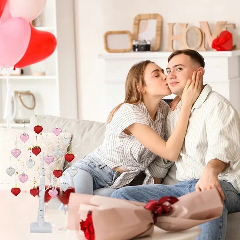 LED Tabletop Birch Tree with 18 Heart Ornaments - Aoeot