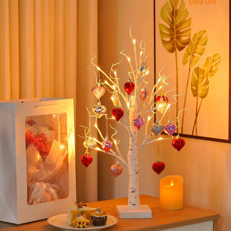 LED Tabletop Birch Tree with 18 Heart Ornaments - Aoeot